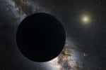 Vue d'artiste de l'hypothétique Planète 9, une géante de glace éclipsant la Voie lactée centrale, avec un Soleil semblable à une étoile au loin. L'orbite de Neptune est représentée par une petite ellipse autour du Soleil. La vue et l'apparence du ciel sont basées sur les conjectures de son co-promoteur, Mike Brown. © nagualdesign, Tom Ruen